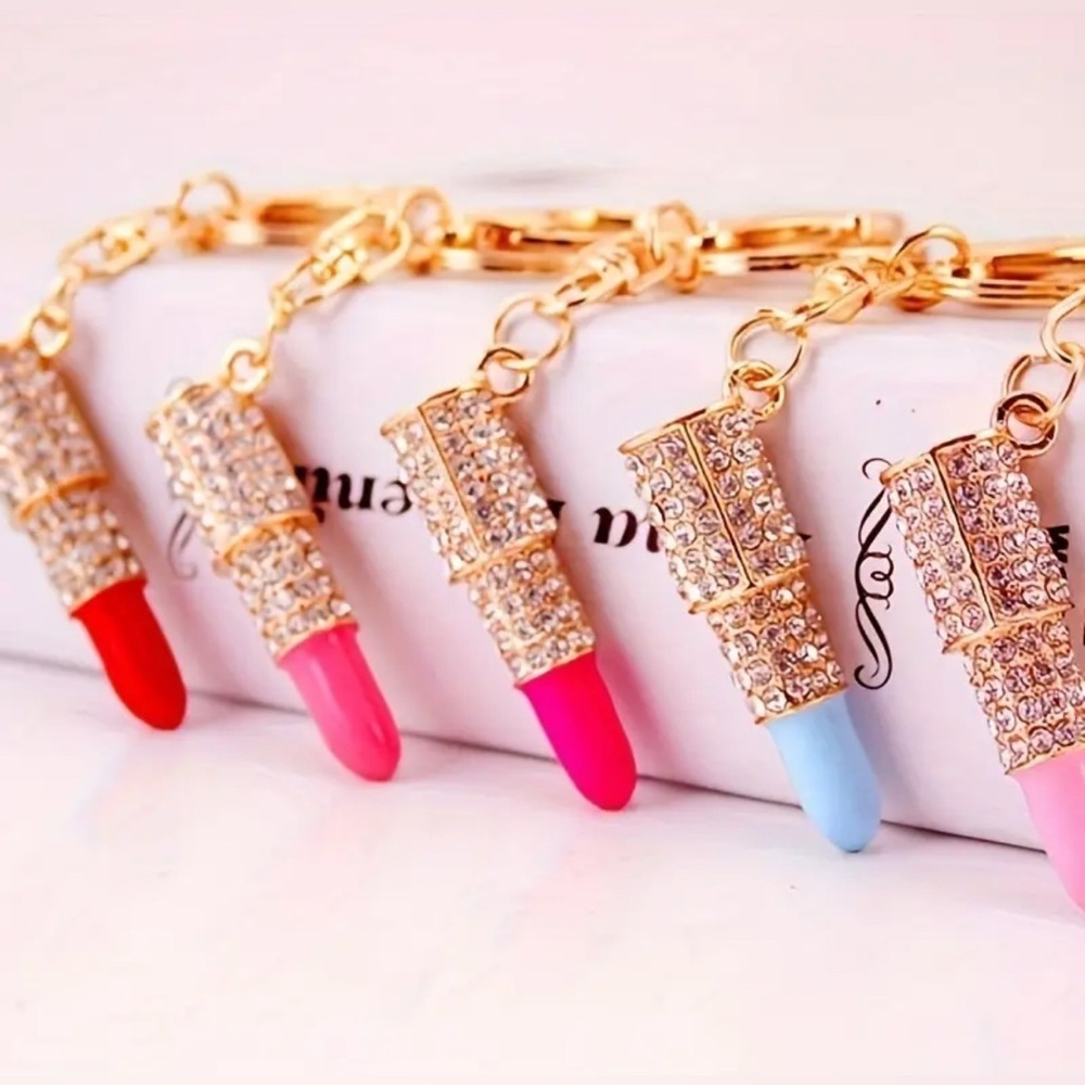 Red Rhinestone Lipstick Purse Charm Keychain – Gold Bling Bag Accessory – NWT - Picture 3 of 4